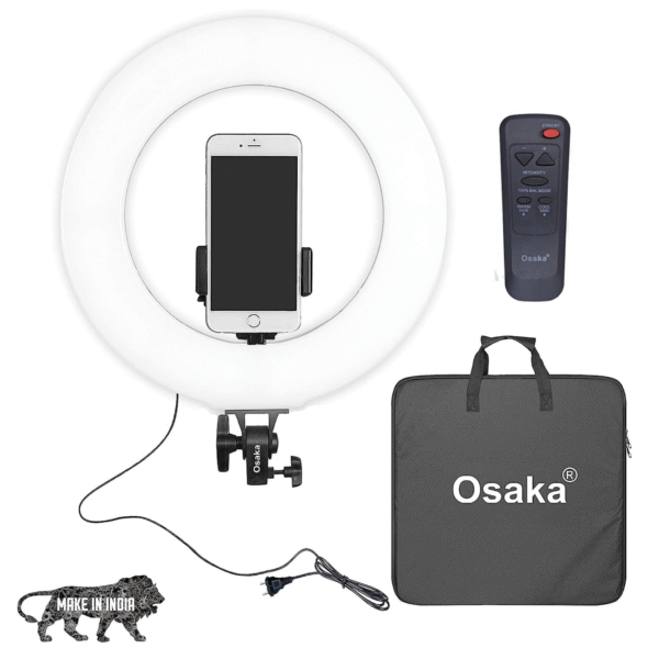 Osaka 18 inch LED Ring Light 65W, Adjustable Color, Wireless Remote, Compatible with DSLR & Smartphones.
